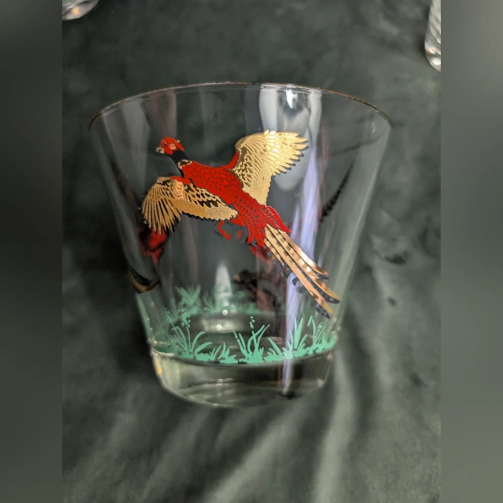 Hazel Atlas Pheasant VINTAGE Ice Bucket & Cocktail Glasses MCM Glass